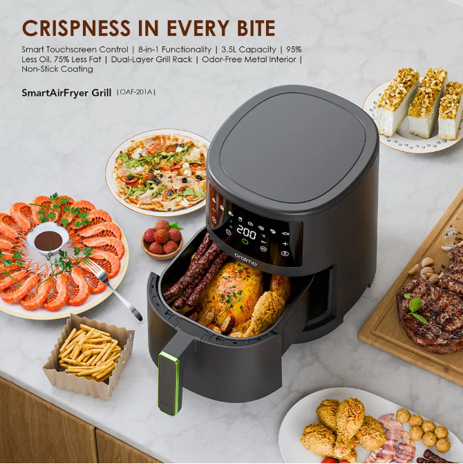 oraimo SmartAirFryer 2 3.5L 1500W Touch Control Air Fryer Smart Touch Control 8-in-1 Functionality