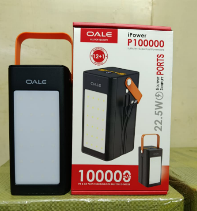 Oale New Portable Power bank Capacity 100,000MAH, Super-Fast Charge 22.5W, Indicator Level Power with LED Light, Type C/ Micro/Lightning Charging