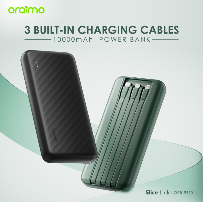 OFFER! Oraimo OPB-P5101 10000mAh Powerbank Fast Charging 2 Outputs with Built-in Charging Cable Power Banks
