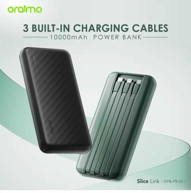 OFFER! Oraimo OPB-P5101 10000mAh Powerbank Fast Charging 2 Outputs with Built-in Charging Cable Power Banks