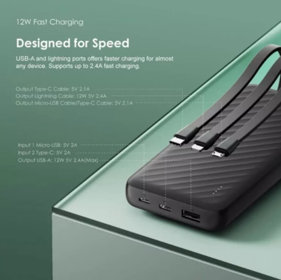 OFFER! Oraimo OPB-P5101 10000mAh Powerbank Fast Charging 2 Outputs with Built-in Charging Cable Power Banks