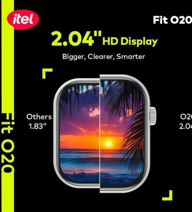 itel Smart Watch Fit O20 – 2.04" HD Display, IP68 Waterproof, AI-Powered Watch Faces, BT 5.3, Extra Strap, Smartwatches