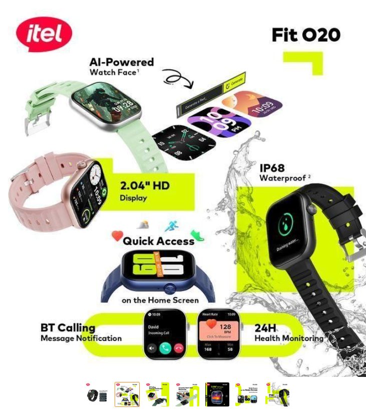 itel Smart Watch Fit O20 – 2.04" HD Display, IP68 Waterproof, AI-Powered Watch Faces, BT 5.3, Extra Strap, Smartwatches