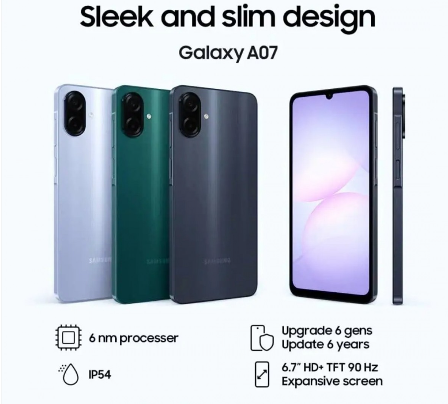 Samsung Galaxy A07 6.7-inch HD+ LCD display with 90Hz 128GB+4GB OR 64GB+4GB 50 MP + 2 MP  Camera Dual Sim, 4G,Android v15 Smart Phones