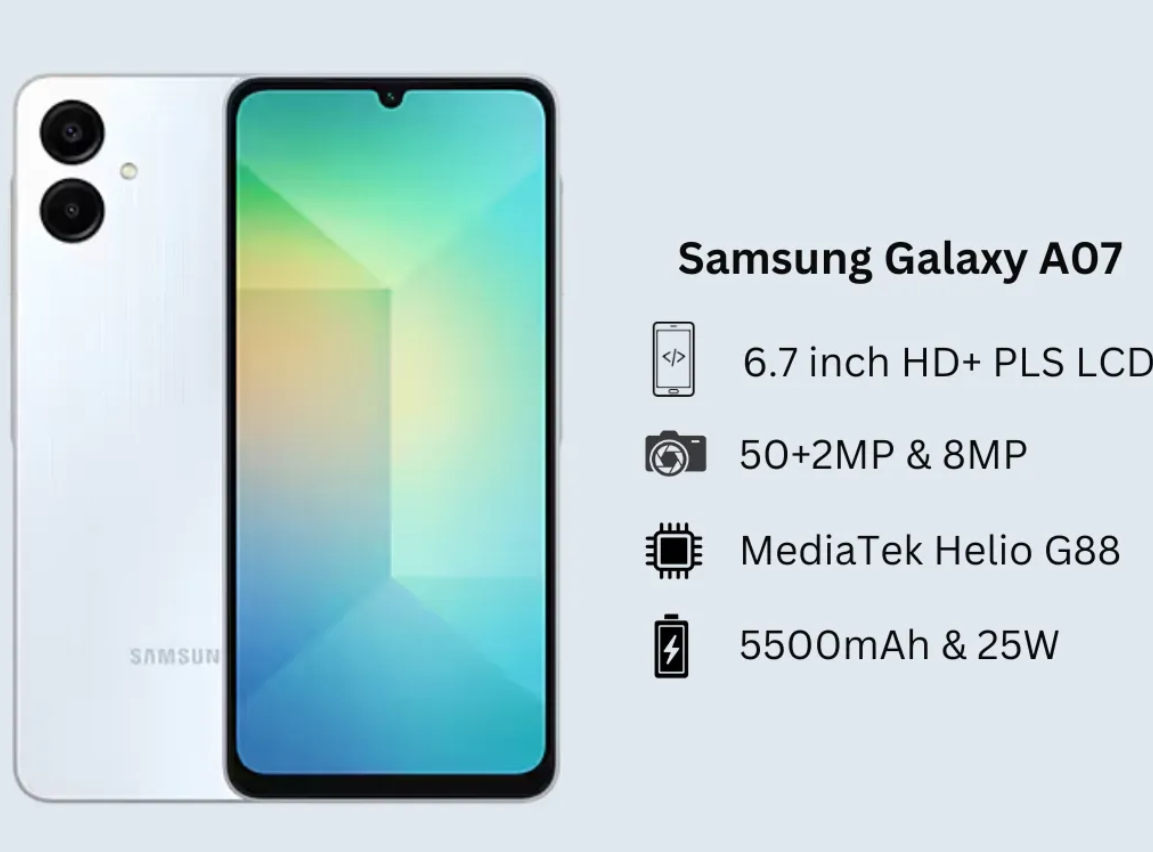 Samsung Galaxy A07 6.7-inch HD+ LCD display with 90Hz 128GB+4GB OR 64GB+4GB 50 MP + 2 MP  Camera Dual Sim, 4G,Android v15 Smart Phones