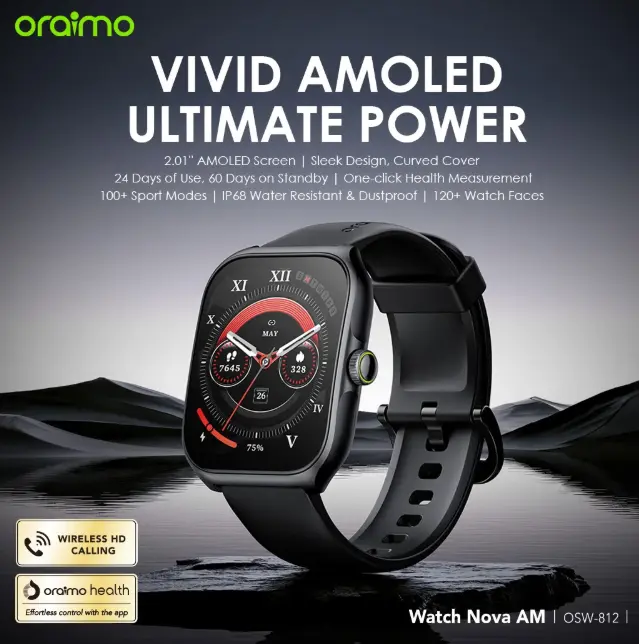 oraimo Watch Nova AM 2.01" AMOLED Screen Curved Cover Smart Watch