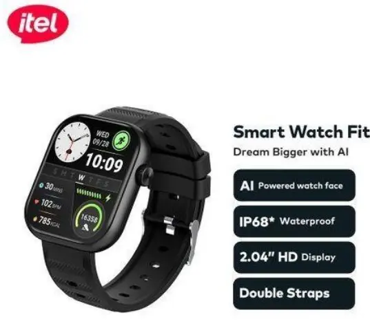 itel Smart Watch Fit O20 2.04" HD Display IP68 AI-Powered Black Smartwatches