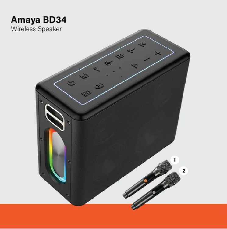 Amaya BD34 PartyBox On-The-Go – Essential Waterproof Portable outdoor Karaoke Party Speaker With Two Wireless Microphones for office ,lounge , Romance , movie and outdoors