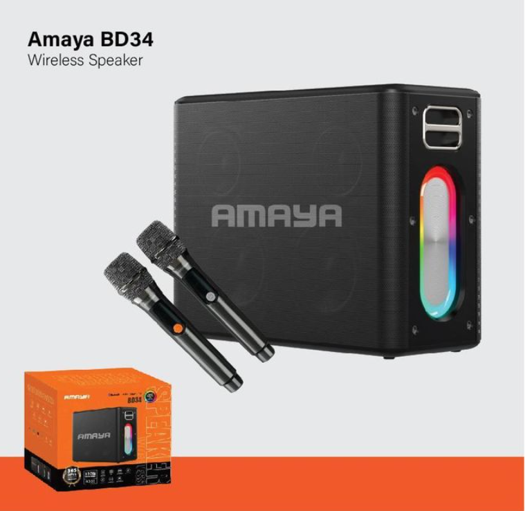 Amaya BD34 PartyBox On-The-Go – Essential Waterproof Portable outdoor Karaoke Party Speaker With Two Wireless Microphones for office ,lounge , Romance , movie and outdoors