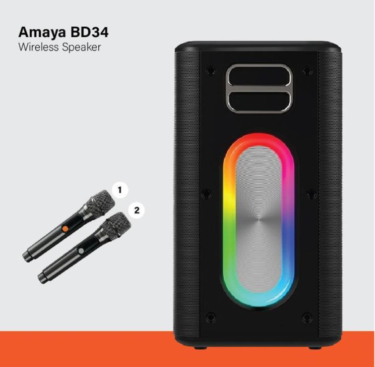 Amaya BD34 PartyBox On-The-Go – Essential Waterproof Portable outdoor Karaoke Party Speaker With Two Wireless Microphones for office ,lounge , Romance , movie and outdoors