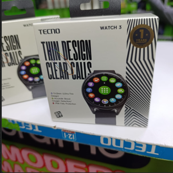 Tecno Watch 3, 1.39'' IPS Display, BT Call, Accurate Blood Oxygen Detection, IP68- Black Smartwatches