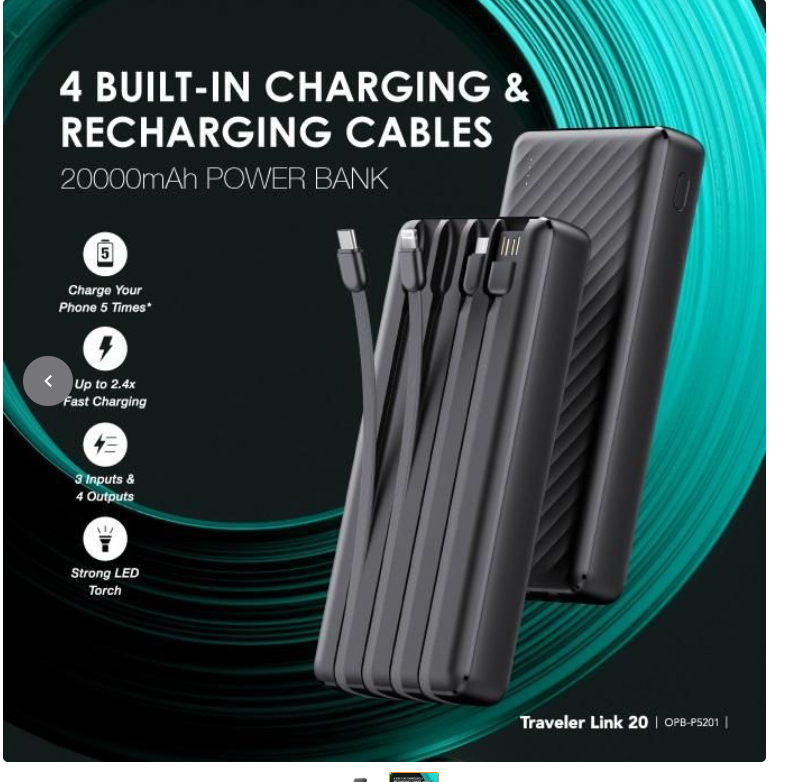 Oraimo Traveler Link 20 20000mAh 12W Power Bank With Built-in Cables