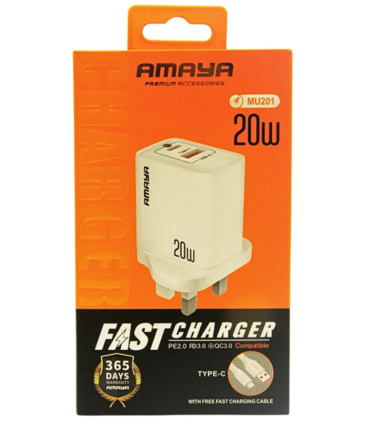 Amaya ACW-MU201 UK A+C 20W charger with Type-C cable Wall Chargers