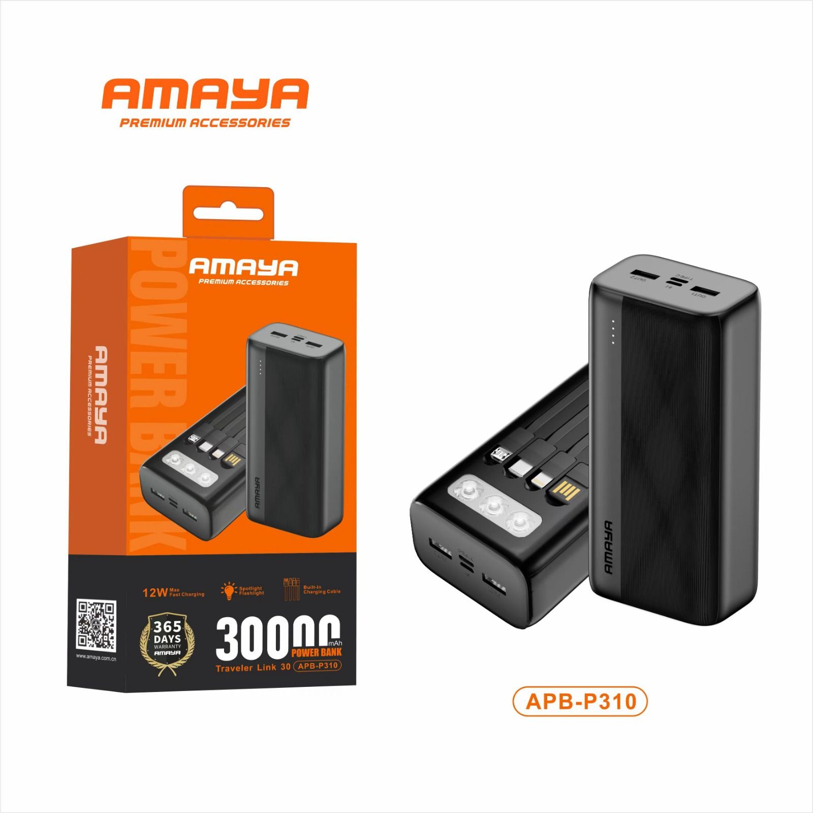 Amaya Traveler Link APB-P310 Power Bank – 30,000mAh with Built-in Cables, Flashlight & 365-Day Warranty Power Banks