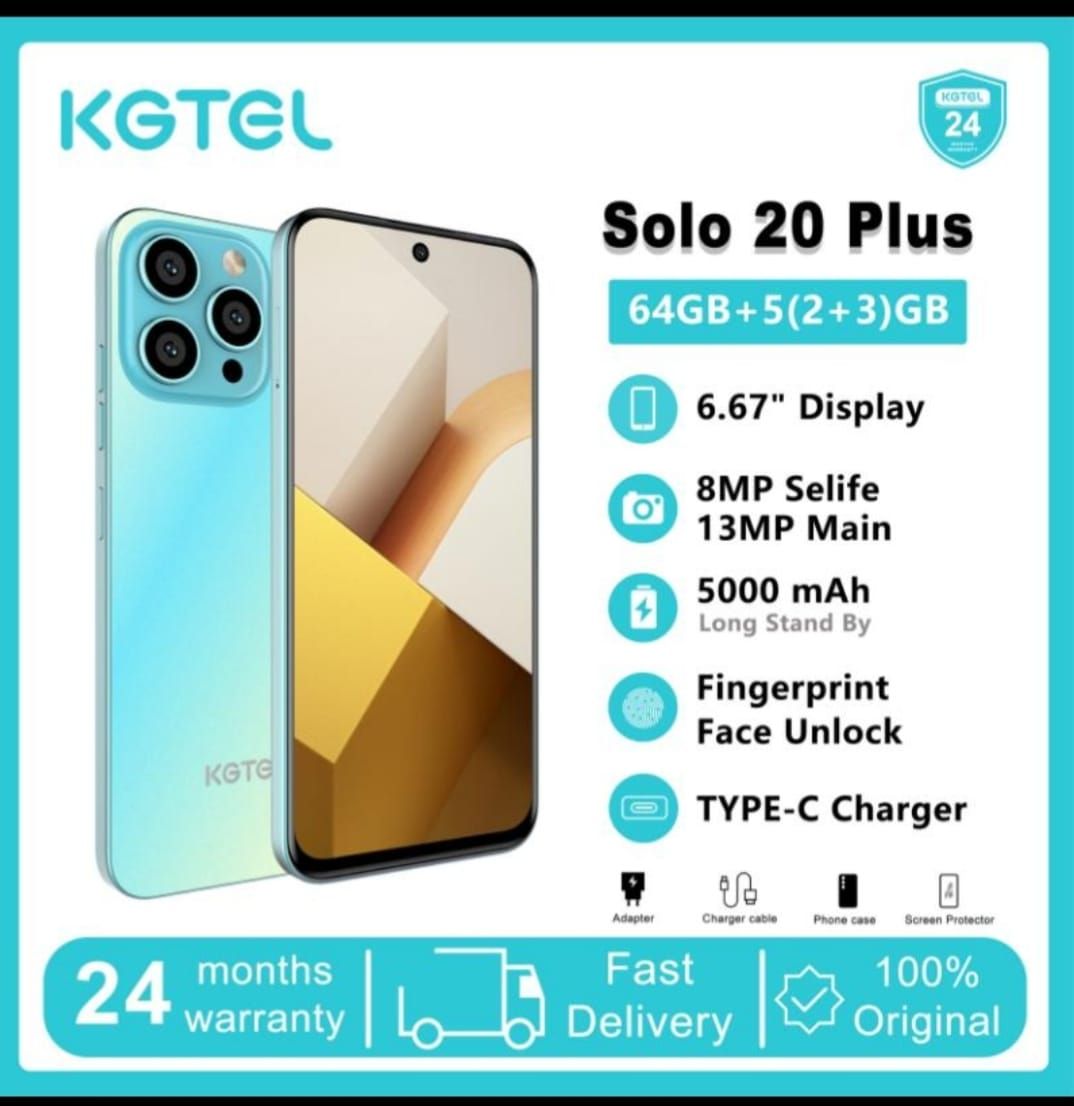 Kgtel SOLO 20 PLUS 64GB ROM+5GBRAM BATTERY 5000MAH SCREEN 6.67" NETWORK 2G/3G CAMERA REAR 13MP+FRONT 8MP FACE UNLOCK SIDE MOUNTED FINGERPRINT SMART PHONE