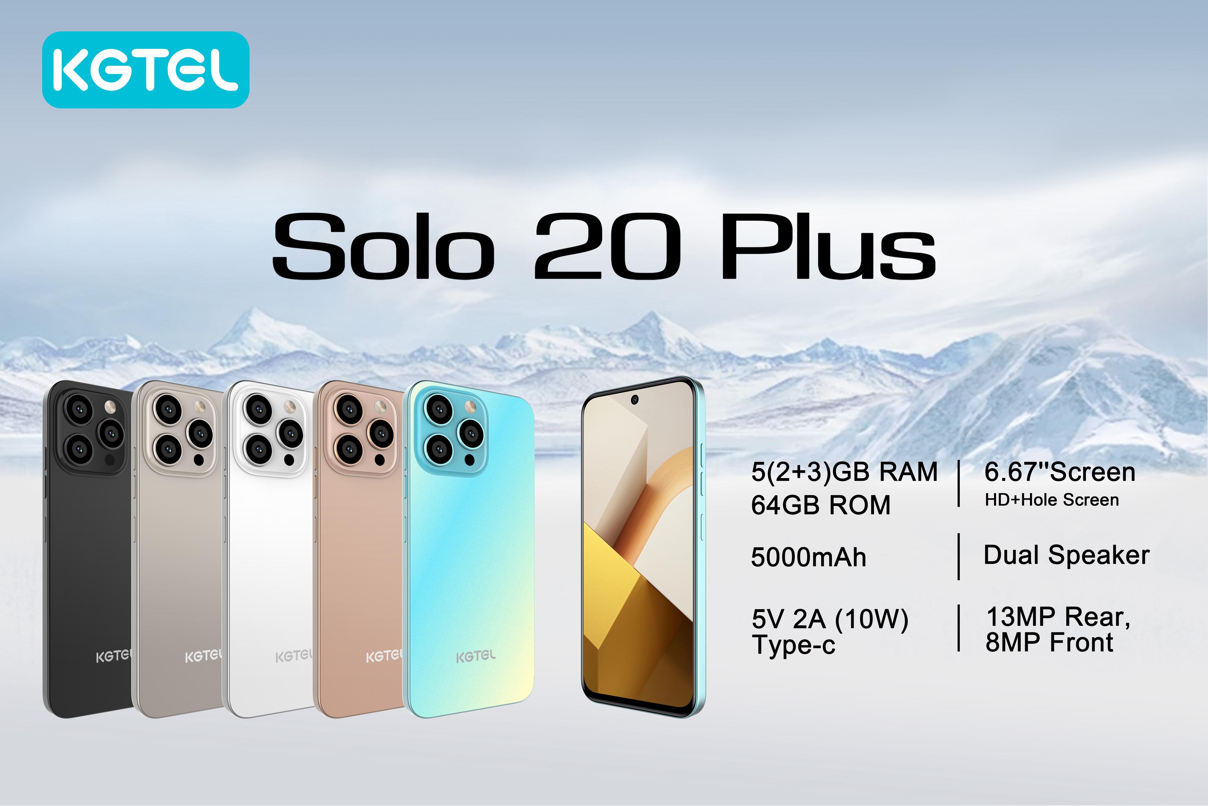 Kgtel SOLO 20 PLUS 64GB ROM+5GBRAM BATTERY 5000MAH SCREEN 6.67" NETWORK 2G/3G CAMERA REAR 13MP+FRONT 8MP FACE UNLOCK SIDE MOUNTED FINGERPRINT SMART PHONE