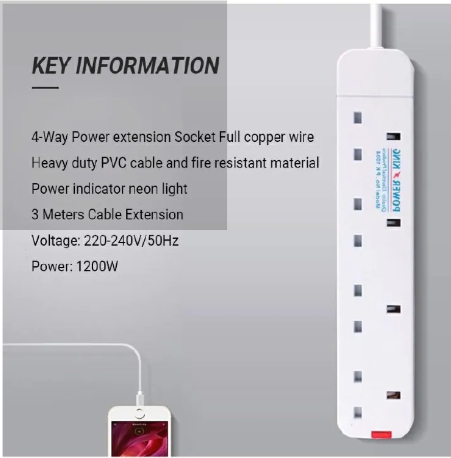 [ TODAY CLEARANCE OFFER ]Power King Commercial & Home Best 4 Way Power Extension With Long Cable // Power extenson - White