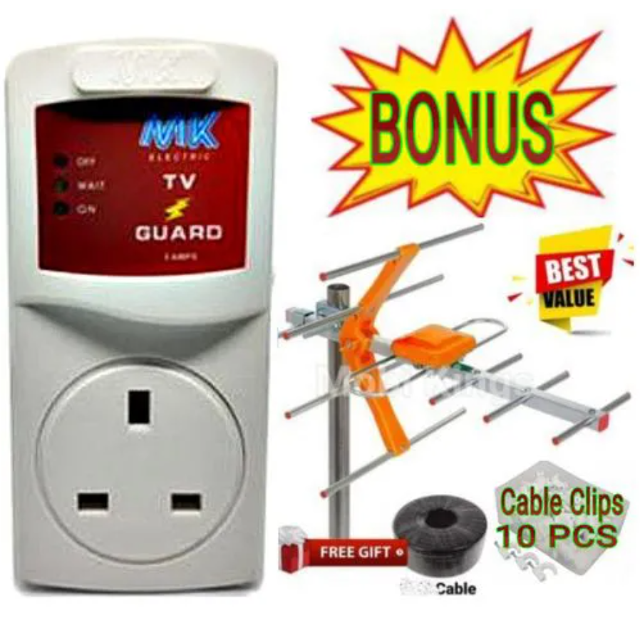 MK Outdoor Digital TV Aerial Strong Signal Receiver Antenna For Digital Smart Android Frameless TV Full HD Plus GIFTS 10M Aerial Cable , TV Cable Clips 10 Pcs & TV Guard Surge Protector