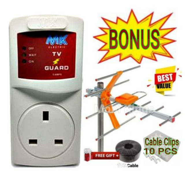 MK Outdoor Digital TV Aerial Strong Signal Receiver Antenna For Digital Smart Android Frameless TV Full HD Plus GIFTS 10M Aerial Cable , TV Cable Clips 10 Pcs & TV Guard Surge Protector