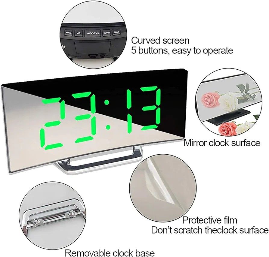 Digital Alarm Clock Bedside, LED Bedside Clock with 7" Curved Screen, Snooze, 2 Levels of Brightness,Night Light, USB Charging Port and battery powered, 12/24 Hr, for Heavy Sleepers, Travel clock, Bed