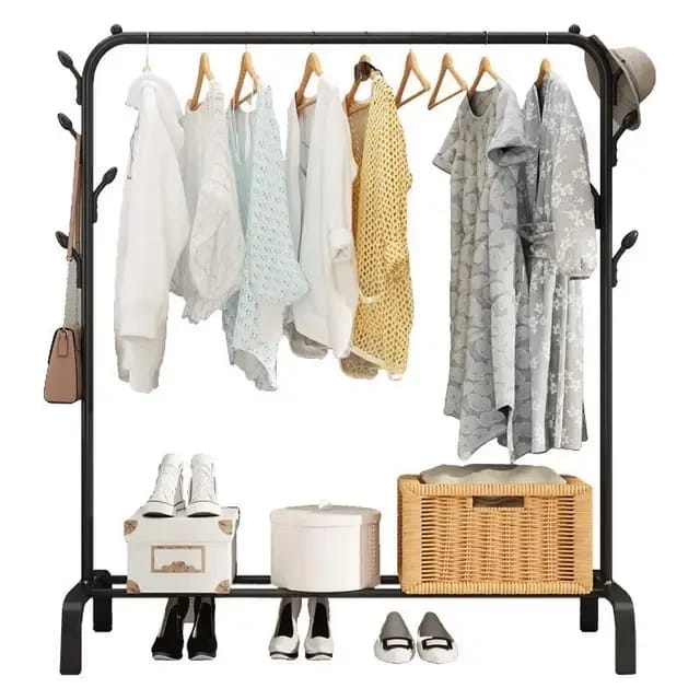Single Pole Cloth Organizer with lower storage for shoe and boxes