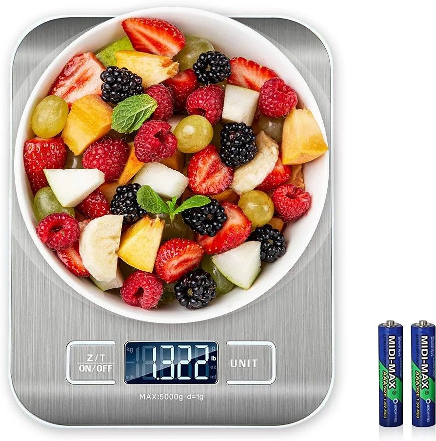 Food Scale for Baking, Cooking and Dieting 5 kg Capacity Scale for Food Premium Stainless Steel Digital Scale Tare Function High-Precision Sensor Backlit LCD Screen