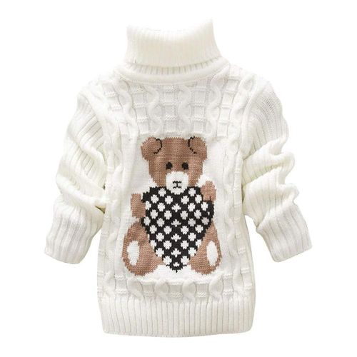 Kids unisex Bear Stitched Long Sleeve Turtleneck Warm Knit Sweater, White
