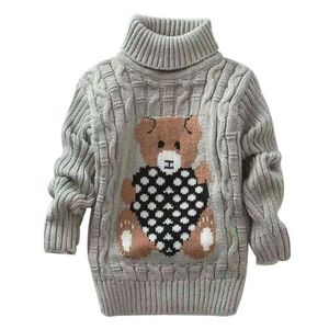 Kids unisex Bear Stitched Long Sleeve Turtleneck Warm Knit Sweater, GRAY