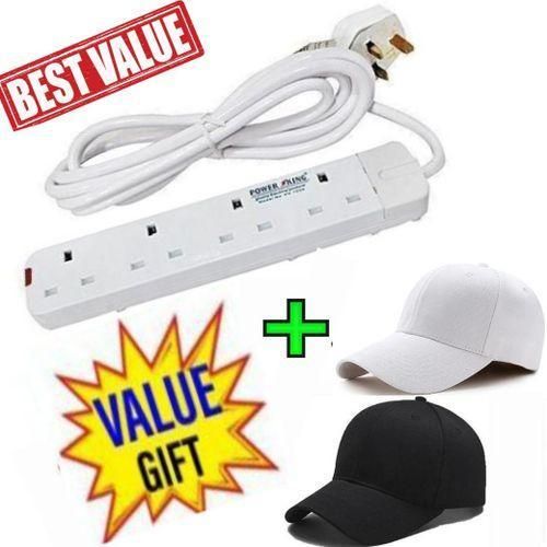 4 Way Extension Cable, 13A, 3m Long Cable + FREE CAPS (2)