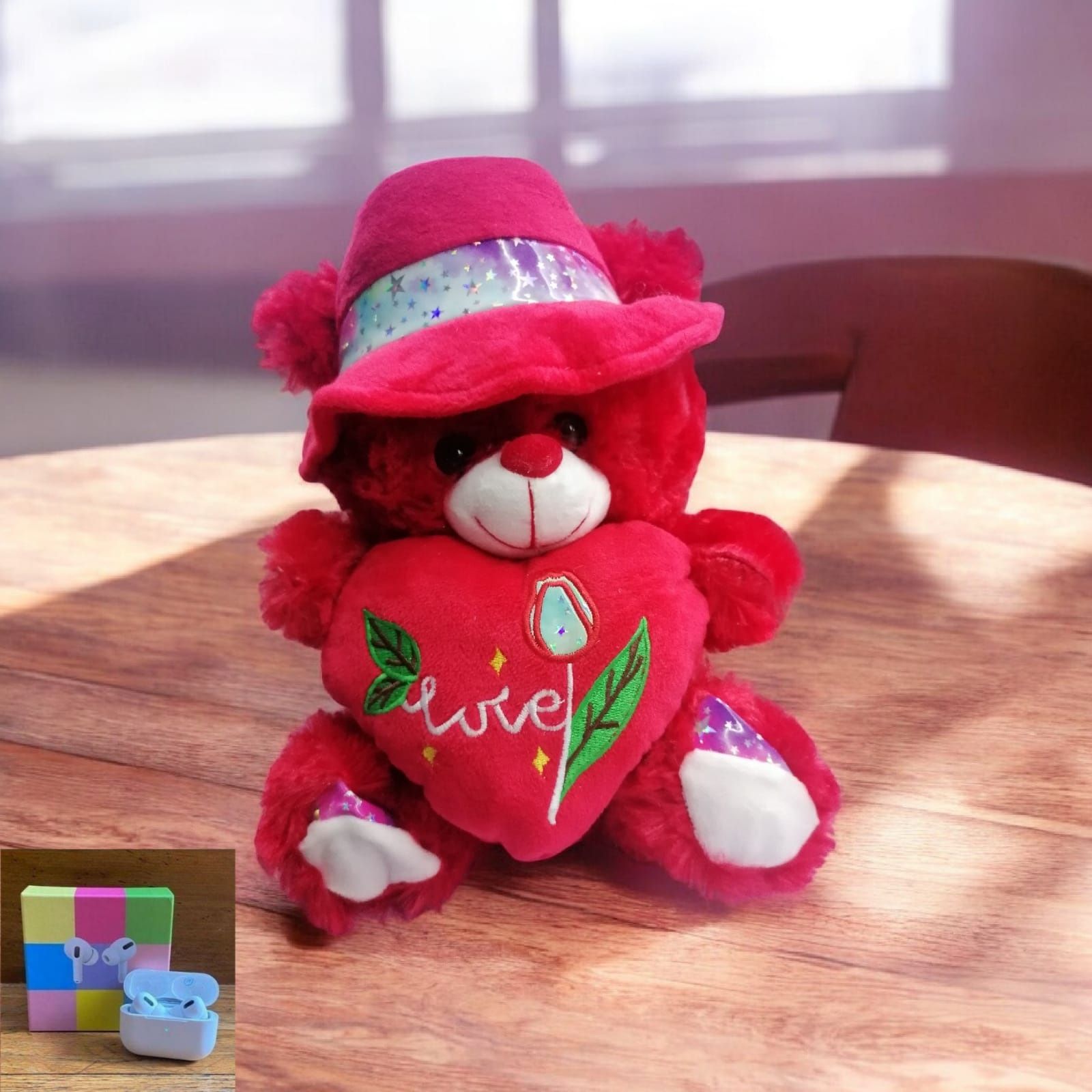 (Valentine Romantic Love Gift )Adorable Red Teddy Bear with Heart Pillow & Cute Hat + Free Earpods