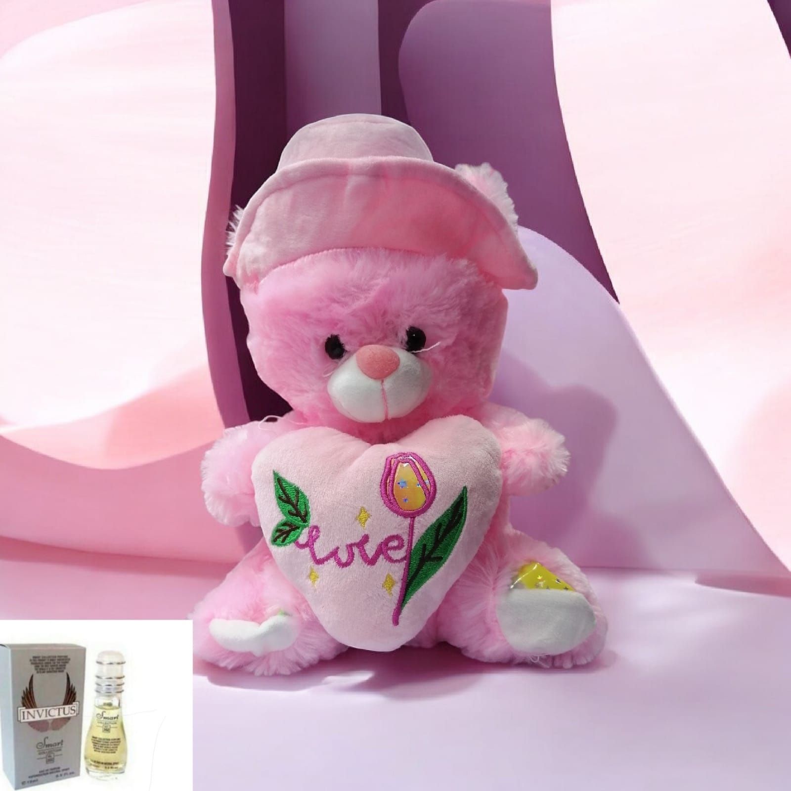 Cute Pink Teddy Bear with Love Heart & Hat . Soft Romantic Plush Gift for Valentine & Special Moments + Free Perfume