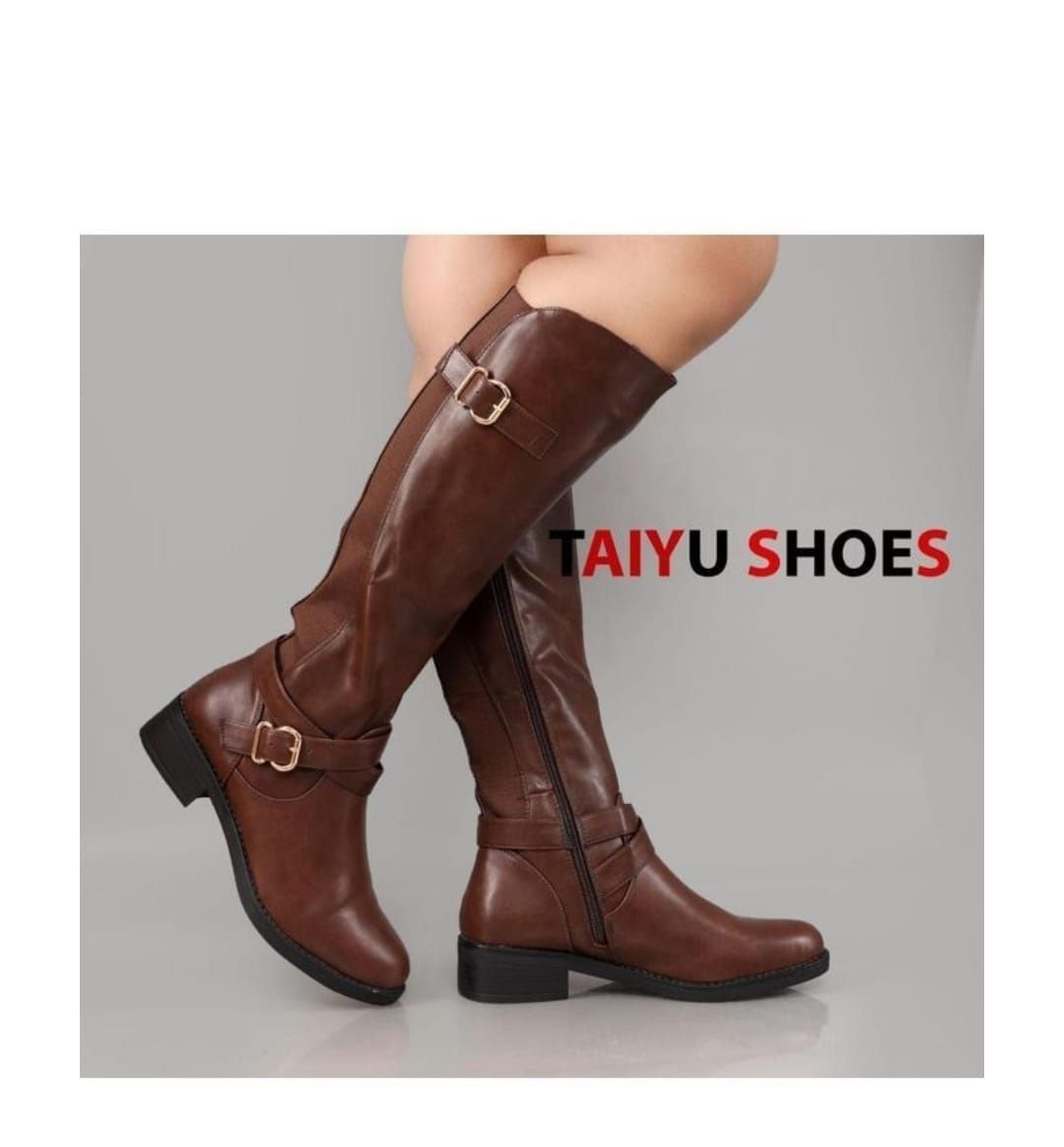 Brown $ Elegant  Knee-High Leather Boots – Stylish Buckle Strap Low Heel Long Boots – Comfortable Zip-Up Winter & Autumn Fashion Boots for Ladies