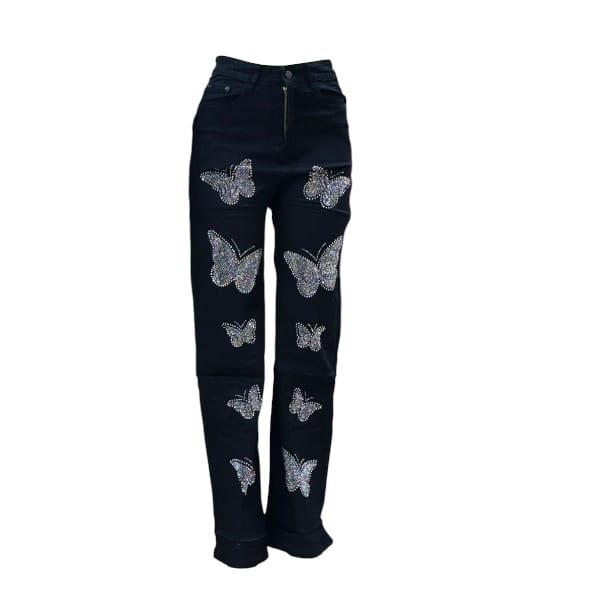 Black Studded Rhinestone Butterfly High Rise/Straight Mummy Jeans