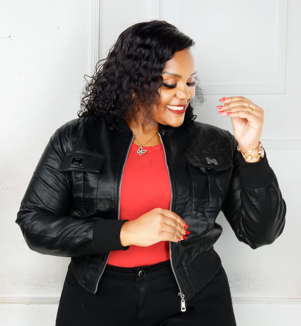 BLACK Chest Pocket FAUX Leather Bomber Jacket