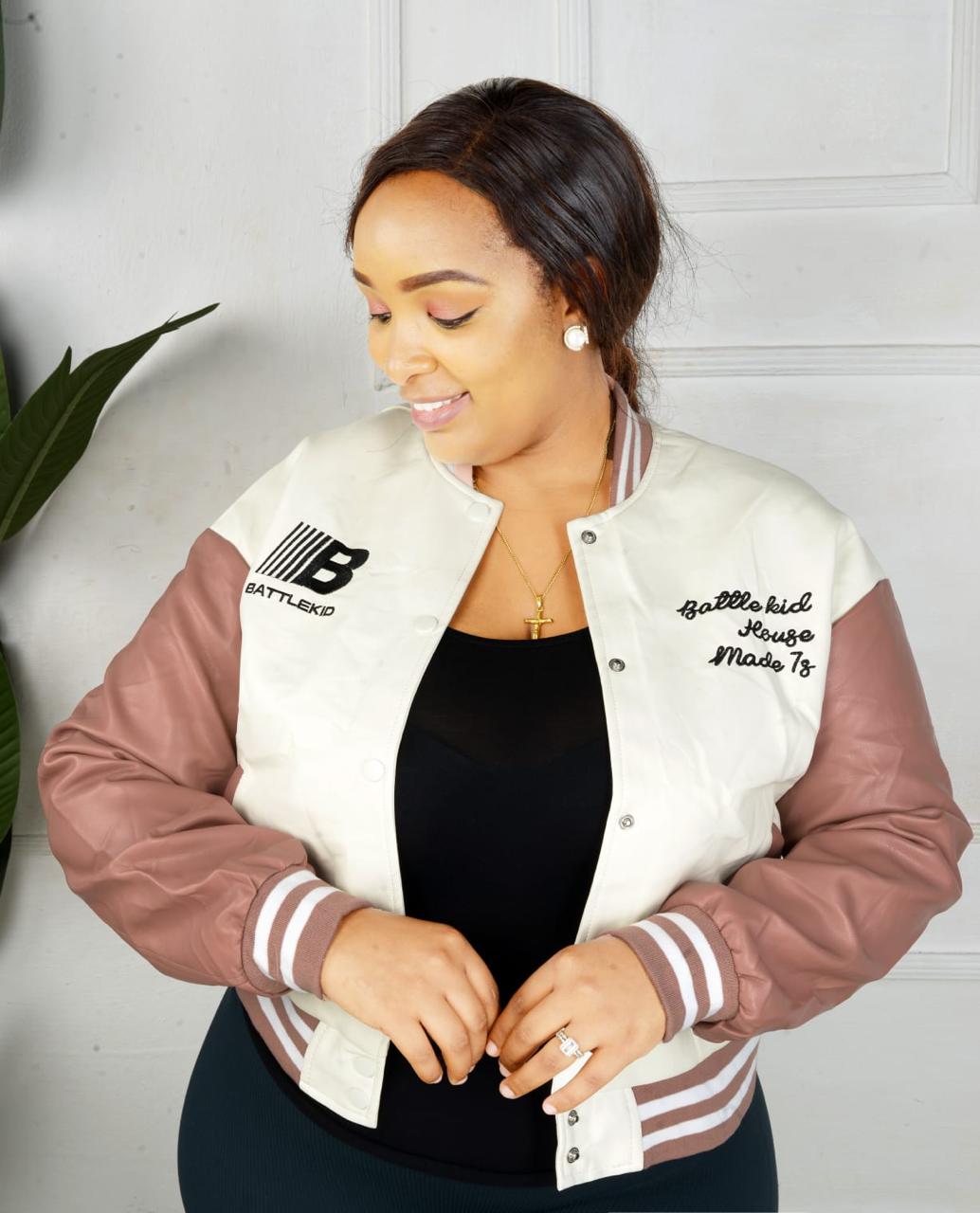 Pink $ White Snap Button Urban Varsity Jacket