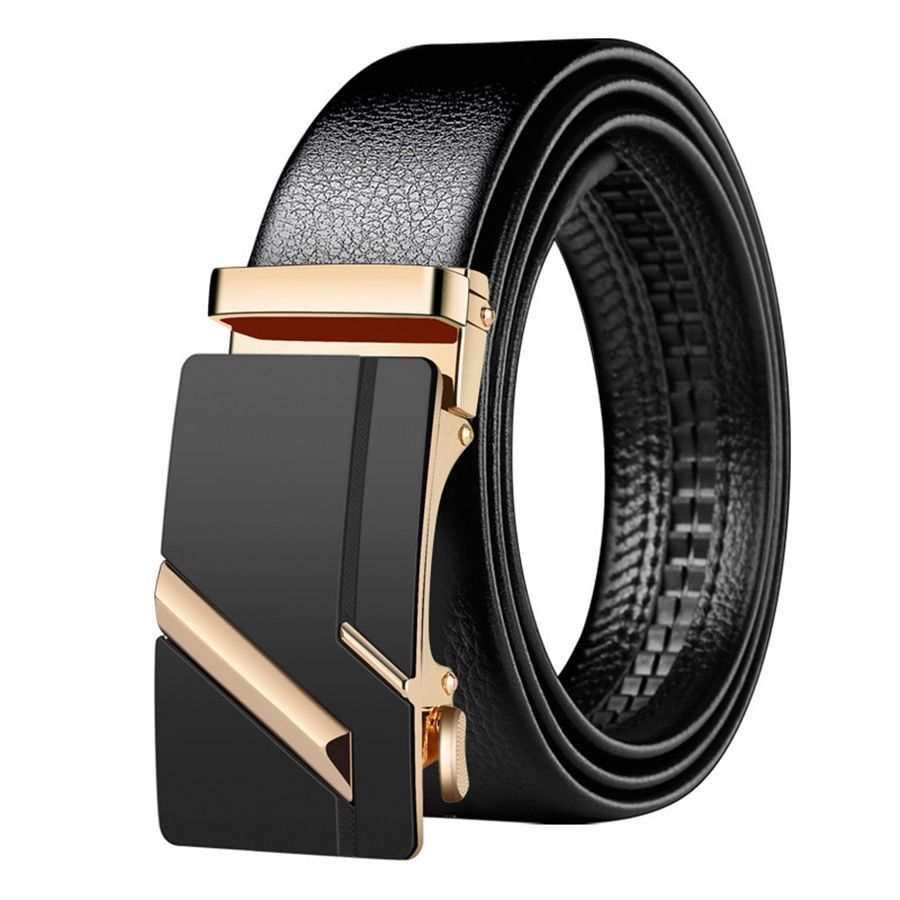 New alloy men's PU belt automatic buckle business belt versatile for young people casual pants leather belt Gold