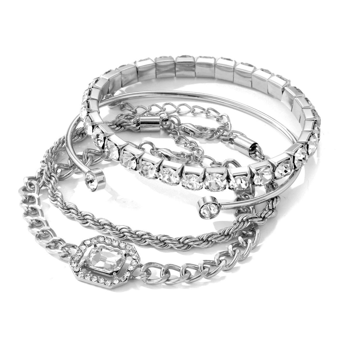 4 Piece Set New Hot Selling Luxurious Girl's  Bracelets for Women Crystal Shiny Adjustable Opening Chain Bracelets Punk Bangle Fashion Jewelry