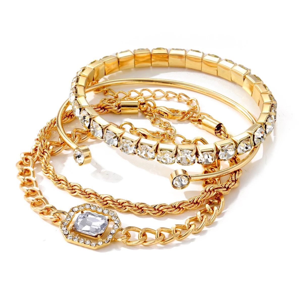 4 Piece Set New Hot Selling Luxurious Girl's  Bracelets for Women Crystal Shiny Adjustable Opening Chain Bracelets Punk Bangle Fashion Jewelry