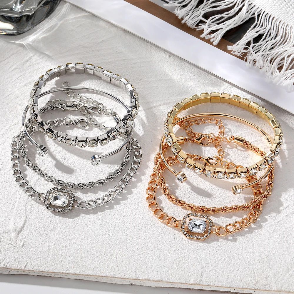 4 Piece Set New Hot Selling Luxurious Girl's  Bracelets for Women Crystal Shiny Adjustable Opening Chain Bracelets Punk Bangle Fashion Jewelry