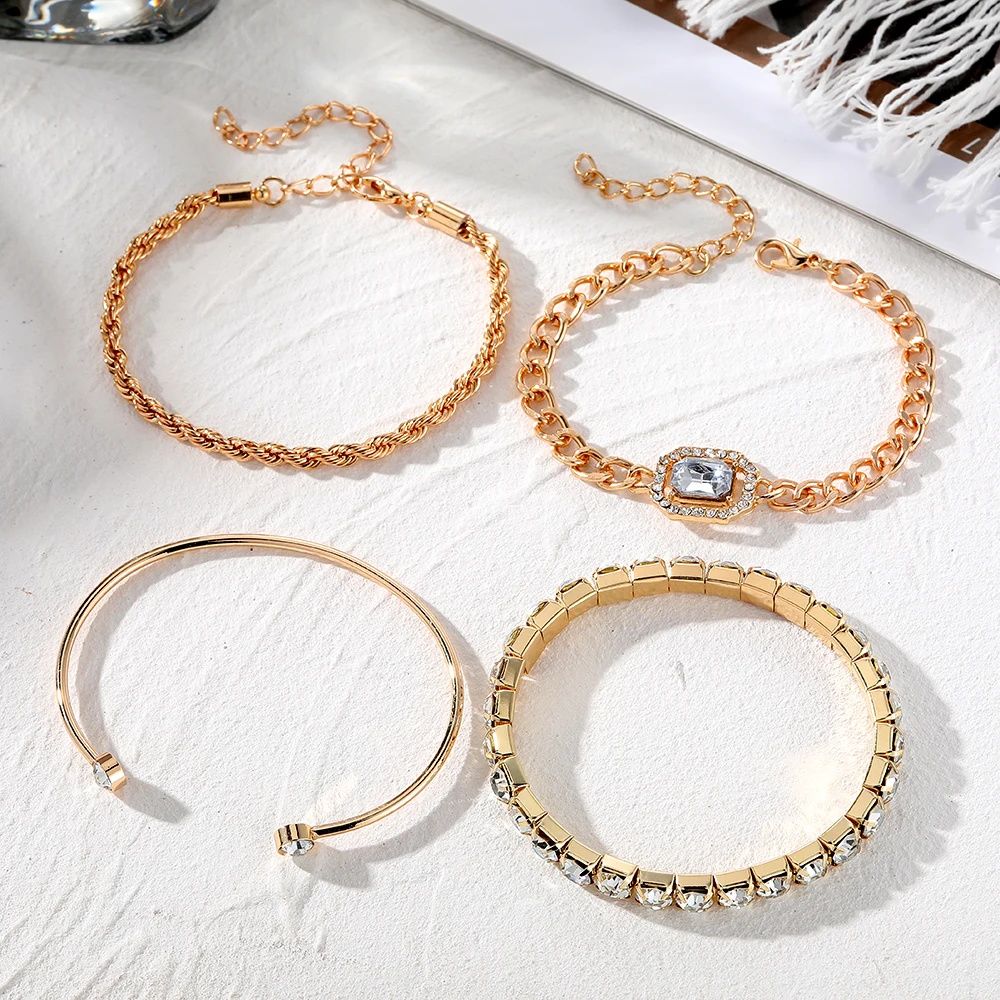 4 Piece Set New Hot Selling Luxurious Girl's  Bracelets for Women Crystal Shiny Adjustable Opening Chain Bracelets Punk Bangle Fashion Jewelry