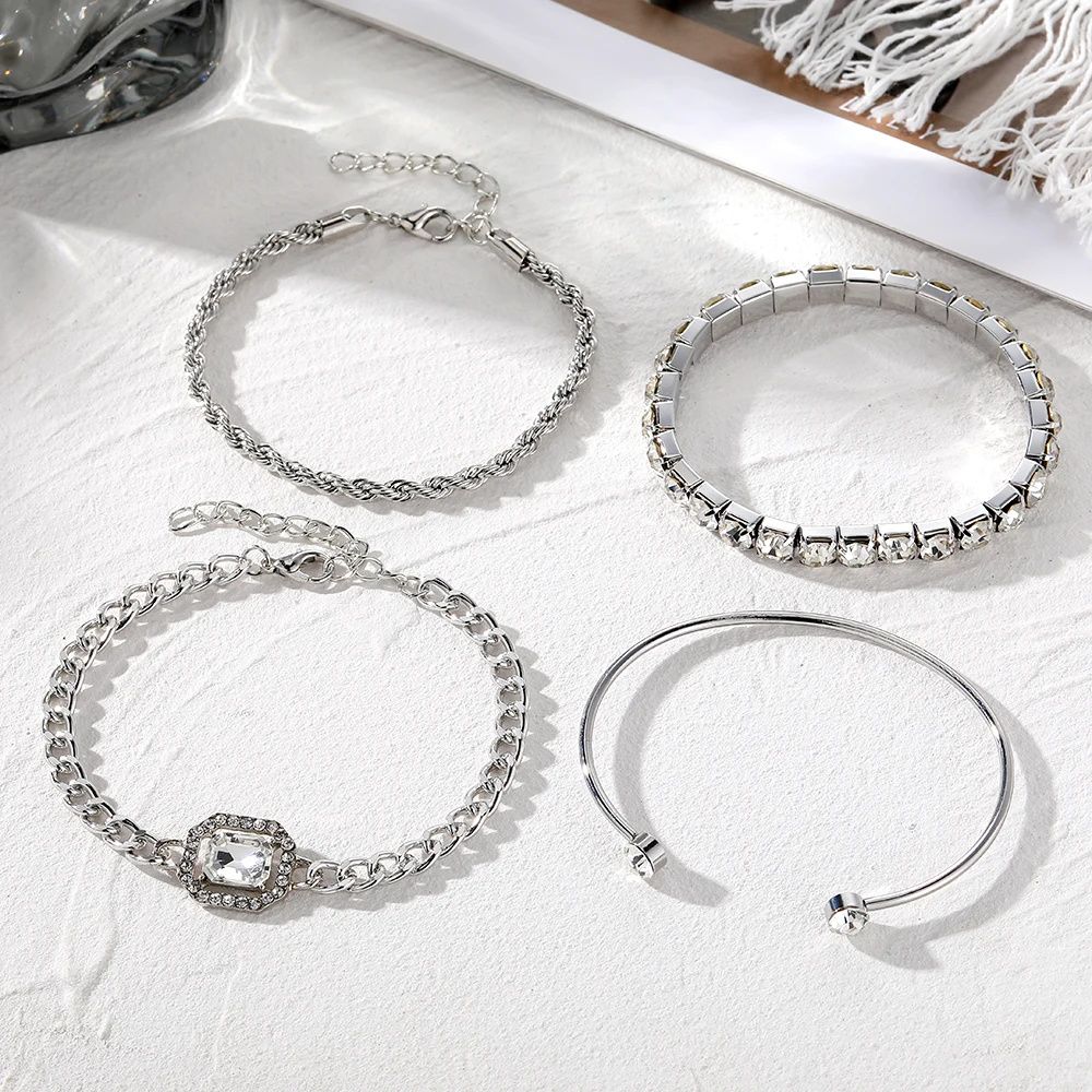 4 Piece Set New Hot Selling Luxurious Girl's  Bracelets for Women Crystal Shiny Adjustable Opening Chain Bracelets Punk Bangle Fashion Jewelry