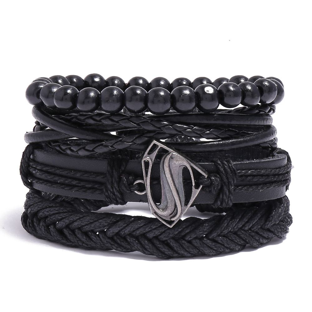 4Pcs/ Set Braided Wrap Leather Bracelets for Men Vintage Life Tree Rudder Charm Wood Beads Ethnic Tribal Wristbands
