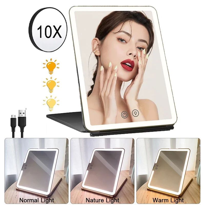 LED Makeup Mirror 10x Magnifying Mirror Portable Foldable Travel Desk Vanity Table Bath Bedroom Mirrors Makeup Tools