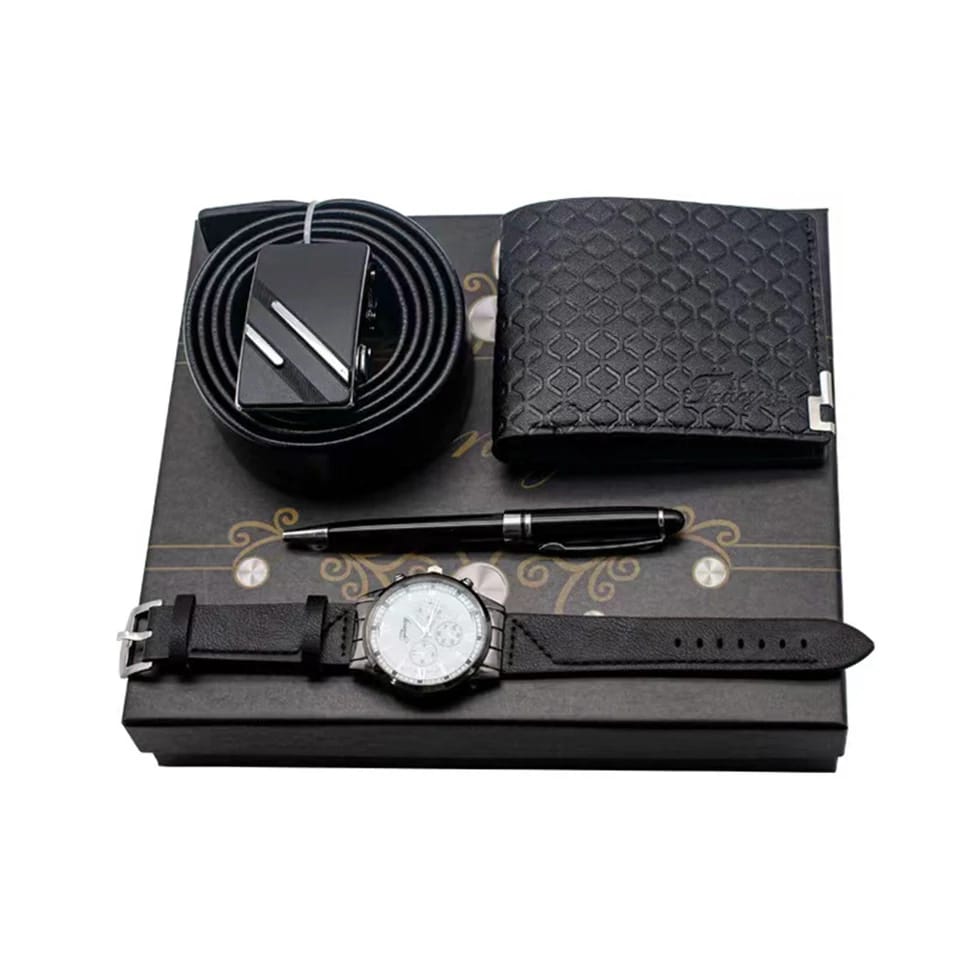 *Hot Fashion Jesou Men's Gift Set Exquisite*

 Packaged 
Watch 
Wallet
Perfume 
Belt 
Pen
Keyholder