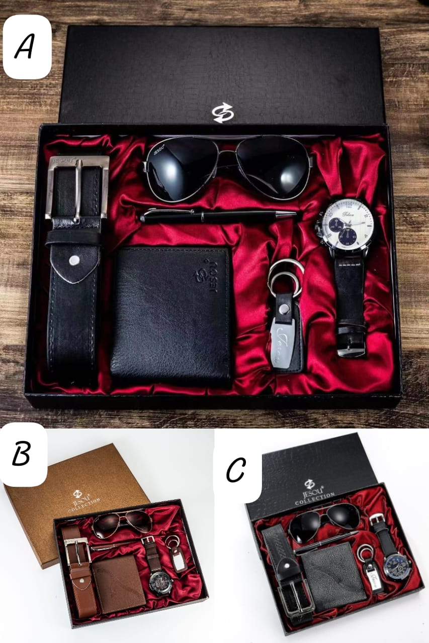 *Hot Fashion Jesou Men's Gift Set Exquisite*

 Packaged 
Watch 
Wallet
Perfume 
Belt 
Pen
Keyholder