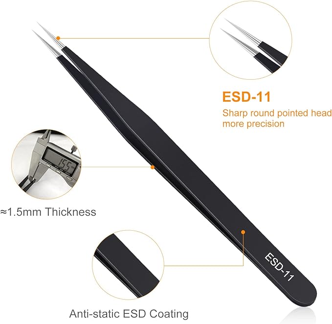 Precision Tweezers Set, Upgraded Anti-Static Stainless Steel of Tweezers, for Electronics, Soldering, Laboratory Work, Jewelry-Making, Model, Craft