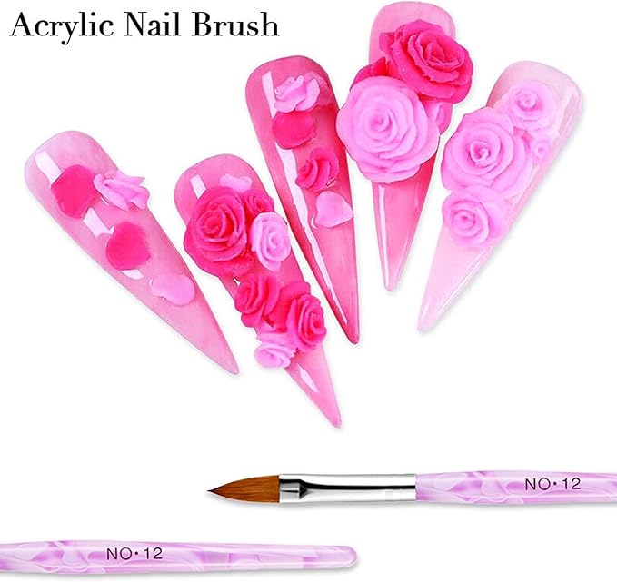 Acrylic Brushes #2-12 For Acrylic Powder &Liquid For Nails Acrylic Brushes for Polymer and Monomer use and Nail Art Drawing Pen Set with Crystals, Nail Art Painting Brush for DIY Nail Art Salon