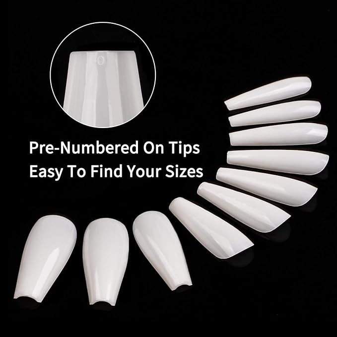 Long Coffin Fake Nails - Full Cover Natural Ballerina False Nail Box 500 Pcs Acrylic Nail Tips with Case, 10 Sizes Coffin Nails Natural Ballerina Fake Nails Tips Long Full Cover Acrylic Nails