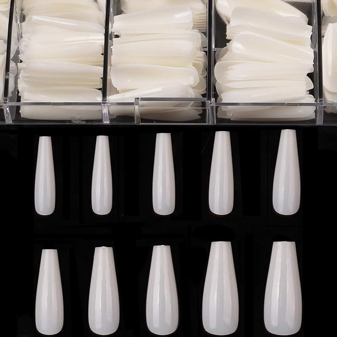 Long Coffin Fake Nails - Full Cover Natural Ballerina False Nail Box 500 Pcs Acrylic Nail Tips with Case, 10 Sizes Coffin Nails Natural Ballerina Fake Nails Tips Long Full Cover Acrylic Nails