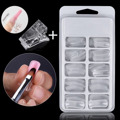 Poly Gel Quick Building Nail Set for Polygel Extension, 100pcs Dual Nail Forms with 10 pcs Acrylic Nail Clips and 1pcsDual-Ended Poly Extension Gel Brush & Picker for Home Salon